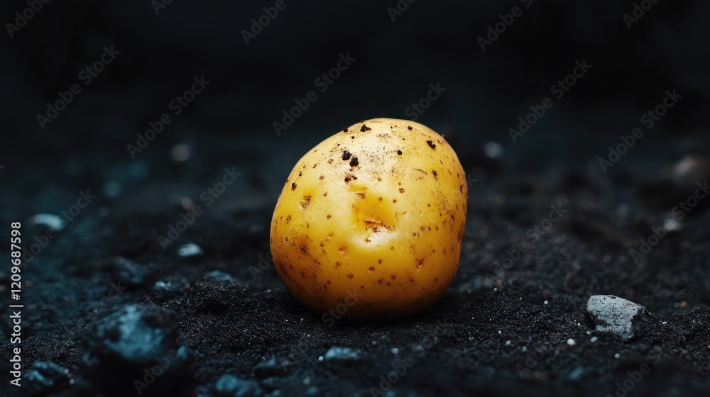Poster isolated potato resting on dark soil with black background highlighting its texture and natural impe