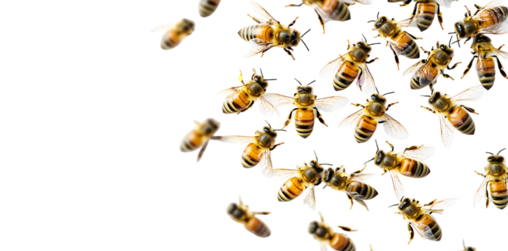A swarm of bees flying in unison, captured in motion against a white background