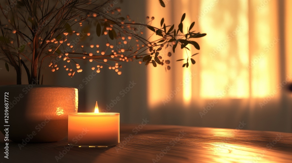 Poster tranquil soft candlelight ambiance with realistic flame and warm sunlight creating a serene indoor a
