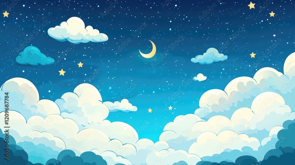 Poster serene night sky with twinkling stars and soft clouds in gradient blue and turquoise background feat