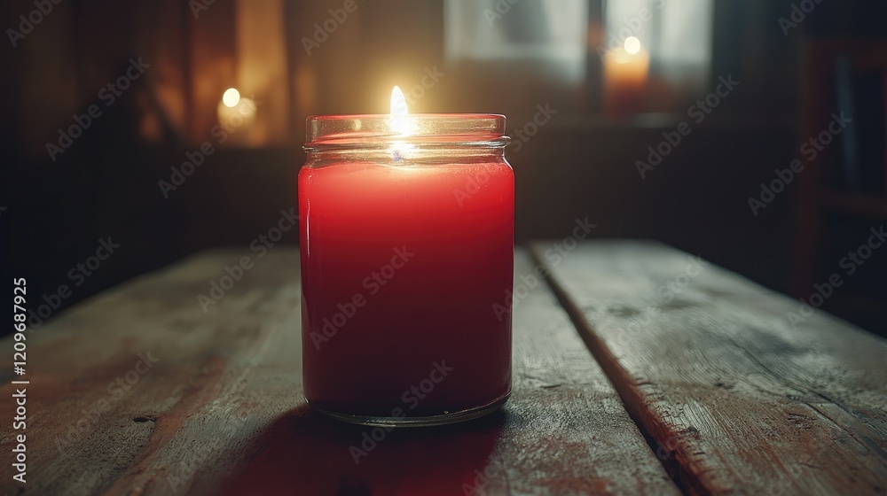 Poster single red candle in glass jar illuminated on wooden table creating a warm cozy atmosphere in softly
