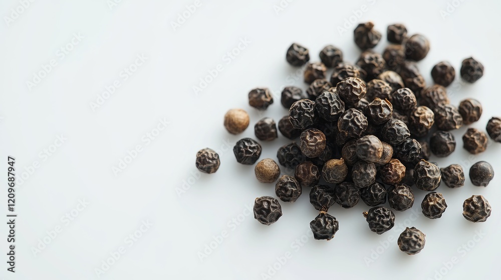 Poster black peppercorns arranged on a light background showcasing their natural texture and form for culin
