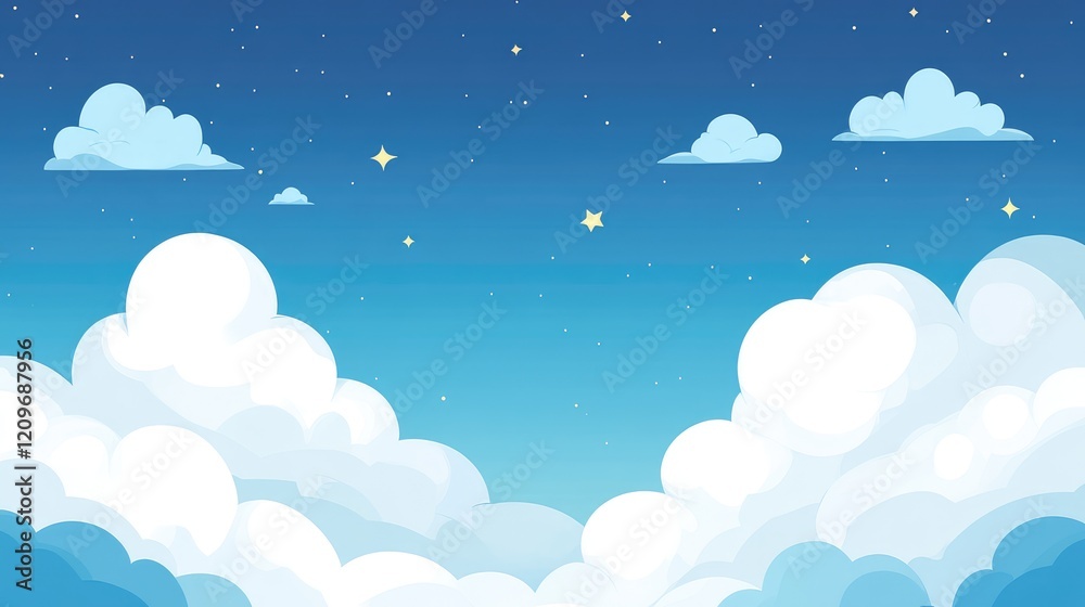 Poster blue sky background with soft white clouds and twinkling stars in a dreamy atmosphere for creative d