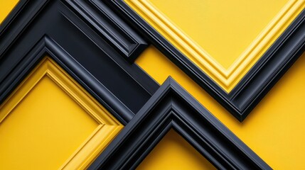 Contemporary black picture frames with yellow accents arranged diagonally on a bright yellow background, textured and vibrant composition.