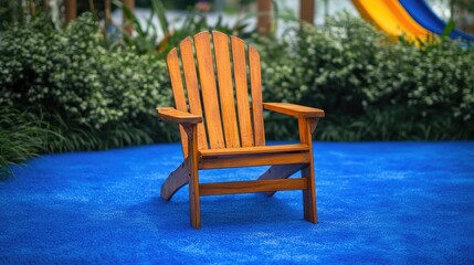 Adirondack wooden chair on vibrant blue carpet in a serene outdoor setting ideal for relaxation and leisure activities surrounded by greenery