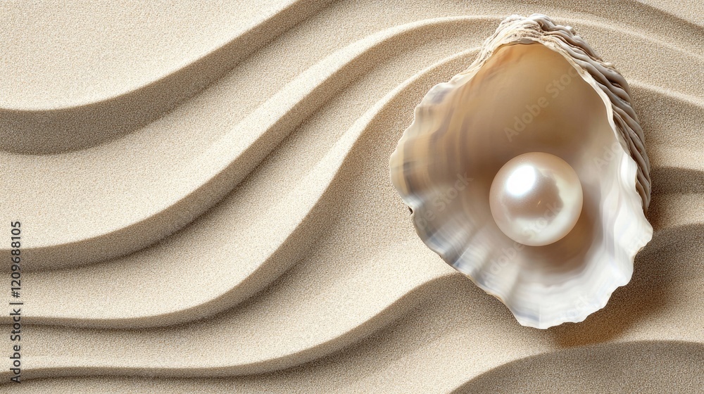 Aufkleber Elegant single pearl nestled in oyster shell on soft sandy background with gentle wave patterns creating a serene coastal aesthetic.