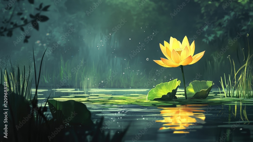 Poster serene yellow lotus flower blooming on calm river surface surrounded by lush greenery and gentle ref