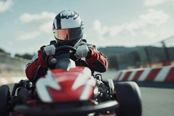 Naklejka premium Intense portrait of a focused car racer in a helmet showcasing determination and speed, generative AI