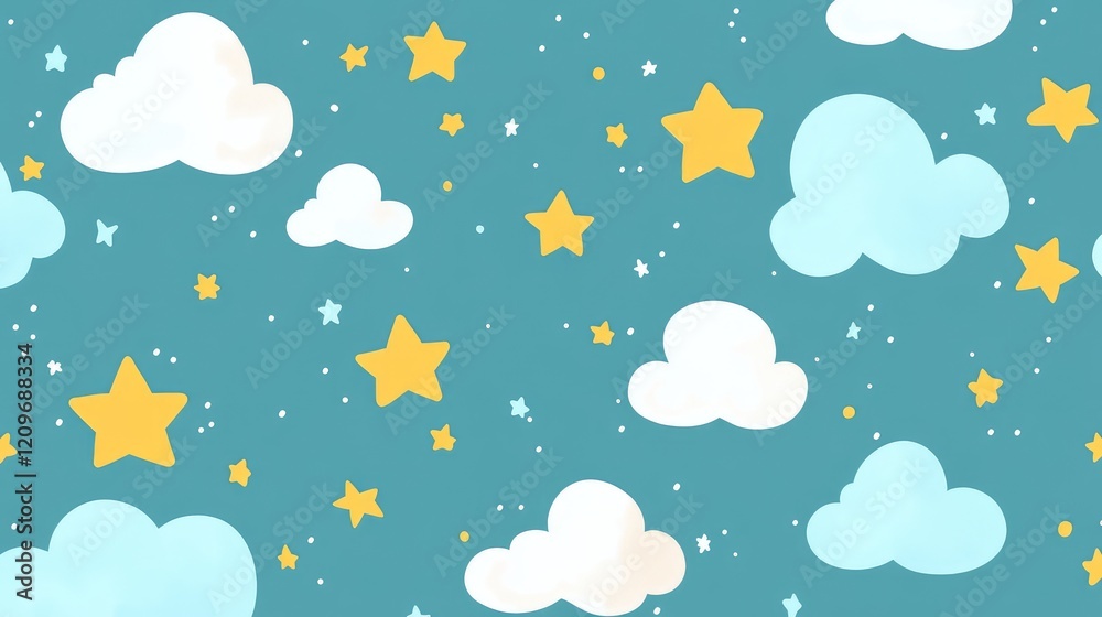 Poster starry sky background design featuring soft white clouds on a turquoise blue canvas with warm yellow