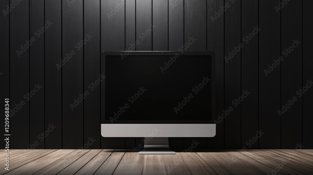 Poster sleek black computer monitor positioned on a warm wooden floor against a dark wooden wall in a dimly