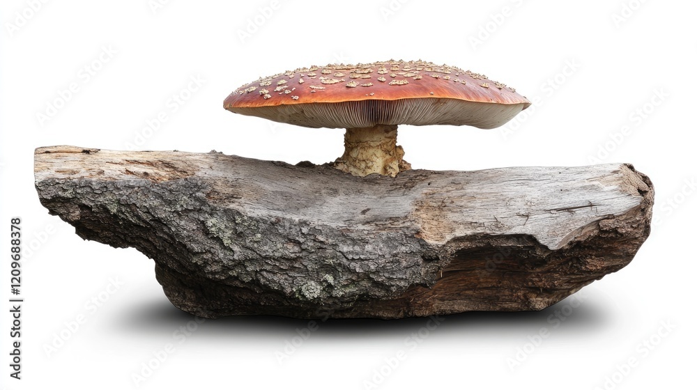 Poster mushroom emerging from weathered tree trunk showcasing natural fungi growth and organic textures in 
