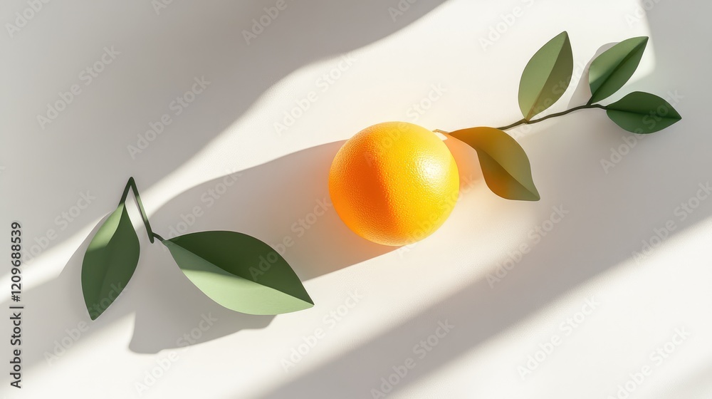 Poster single orange with green leaves casting soft shadows on a light background