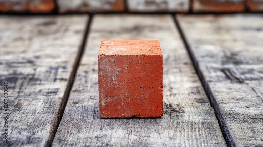 Poster single red brick on rustic wooden floor with blurred brick wall background showcasing texture and co