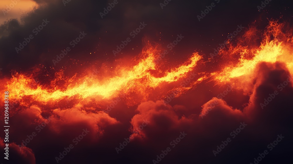 Poster twilight sky with dramatic red flame and fiery orange clouds illuminating the atmosphere in a striki