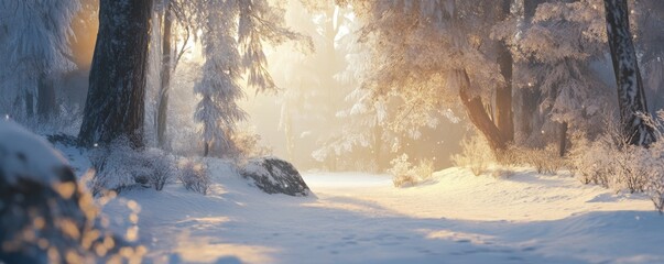 Scenic winter forest with snow-covered trees and soft sunlight breaking through.