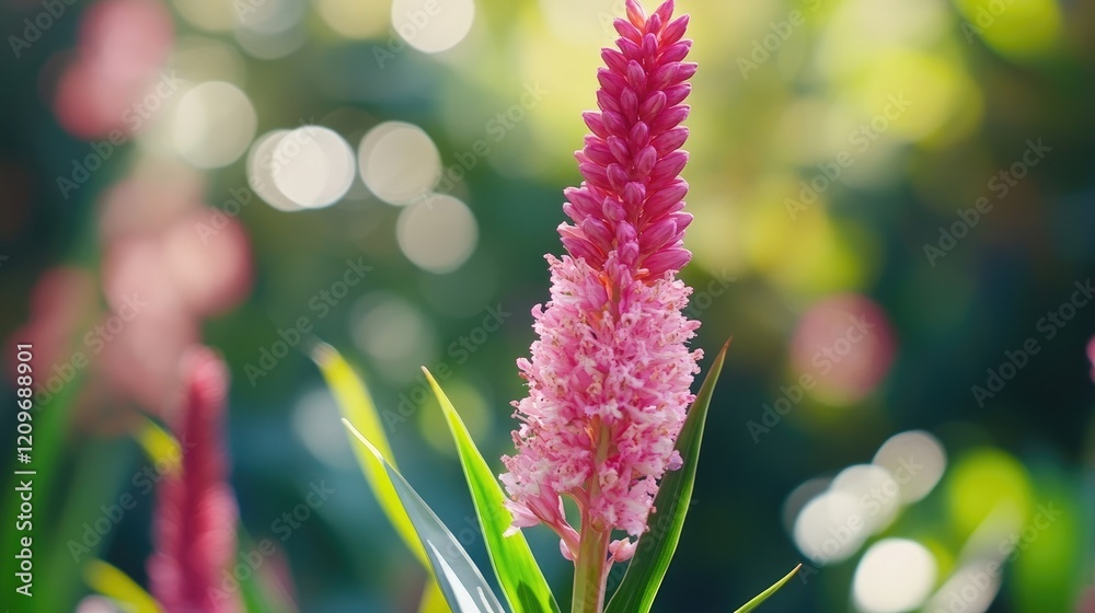 Poster delicate pink flower standing tall against a soft green bokeh background capturing the essence of na