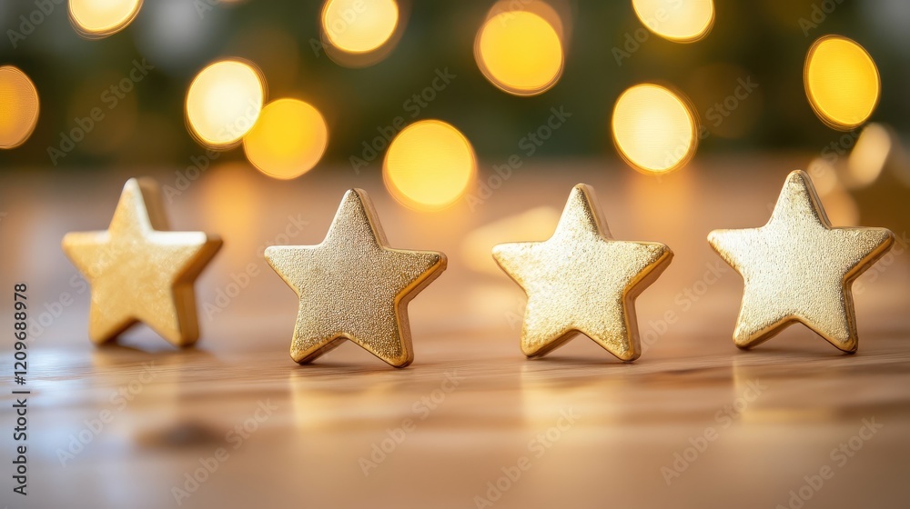 Poster golden stars on a wooden table with blurred lights creating a festive ambiance during a seminar or c