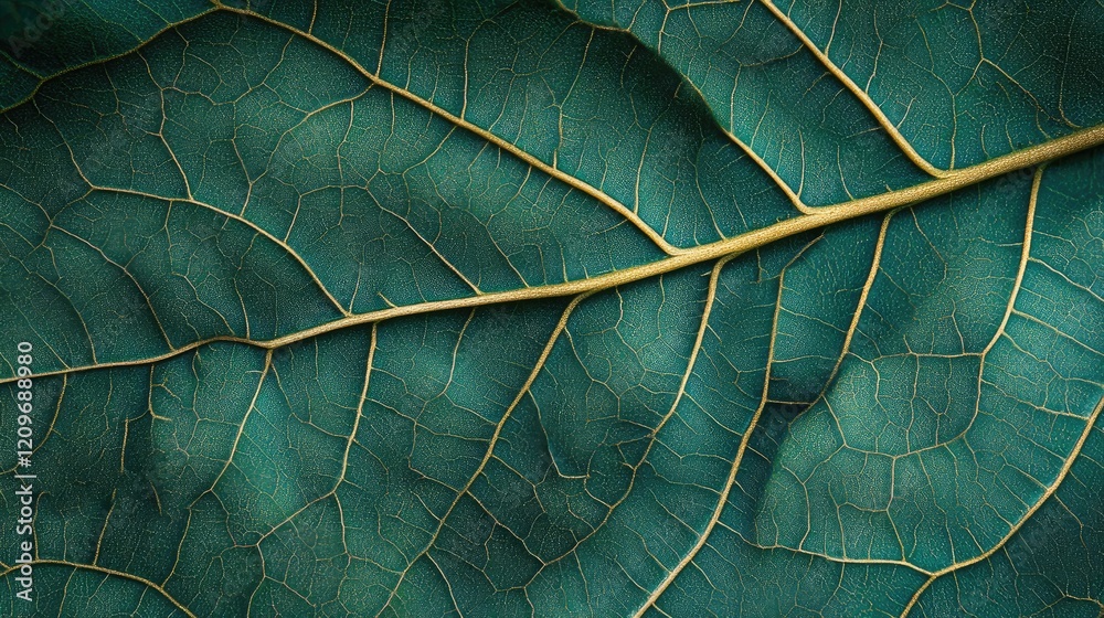 Poster Detailed Close-up of a Softly Blurred Green Leaf Showing Intricate Veins and Textures in an Abstract Nature Background