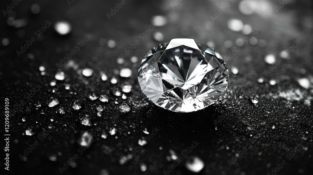 Poster Diamond on a wet black surface reflecting light with shimmering droplets creating an elegant and luxurious atmosphere