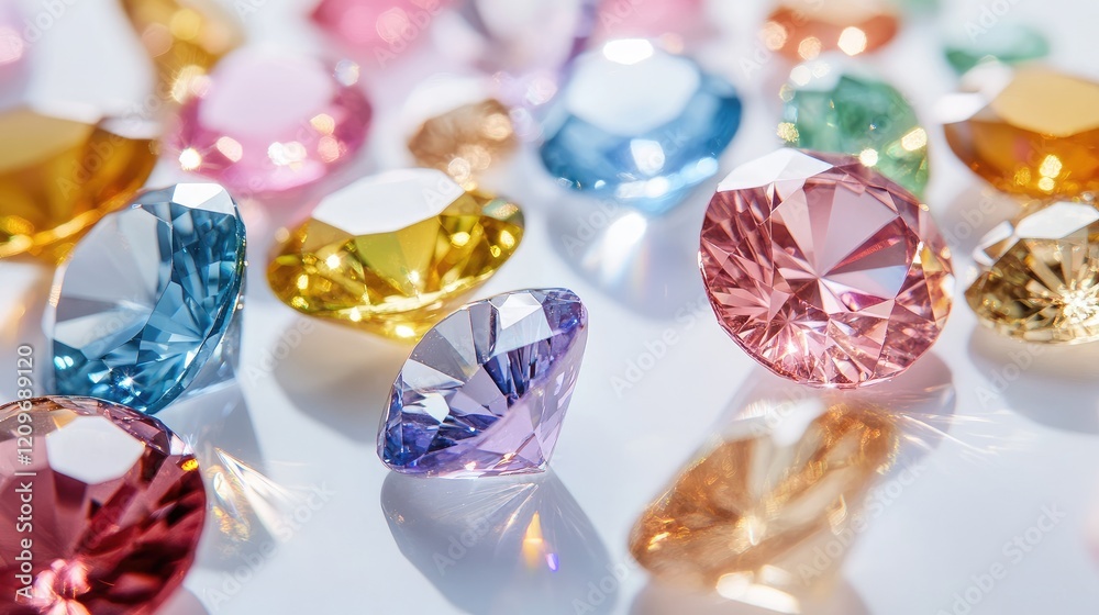 Aufkleber Sparkling Soft Colored Gems in Various Shapes on a Bright Reflective Surface