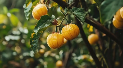 Ripe star gooseberry fruits hanging from lush green branches in a tropical setting showcasing their vibrant yellow color.