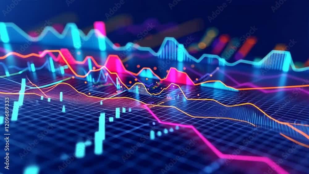 Poster colorful digital financial data visualization dynamic analysis with graphs and charts showcasing tec