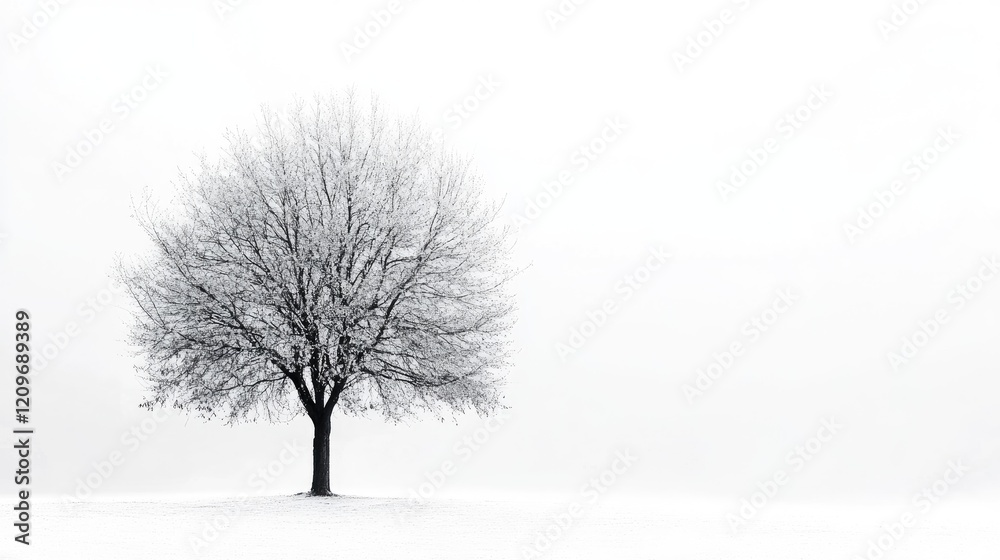 Poster solitary winter tree coated in snow against a minimalist white background symbolizing solitude and t