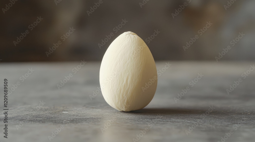 Poster lonely white almond with distinctive imperfections on a textured surface in soft lighting