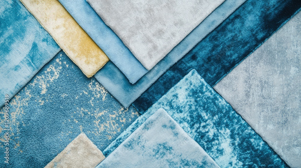 Aufkleber lush sky blue and aqua velvet fabric textures in flat lay arrangement with assorted patterns and ele