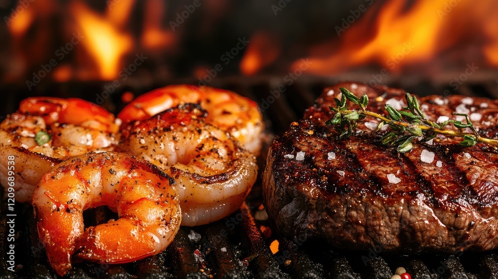 Poster grilled shrimp and steak with flames creating an intense culinary experience on the grill