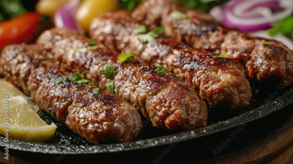 Poster grilled cevapi balkan skewers with fresh herbs and vegetables on a serving plate