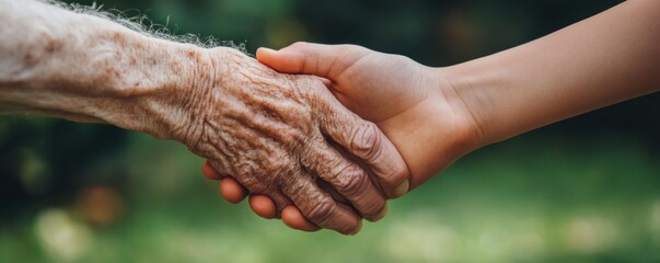 A close-up of a young hand gently holding an elderly hand, symbolizing care and connection across generations