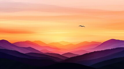 Obraz premium Sunset watercolor concept. Serene mountain landscape at sunset with vibrant colors and distant silhouette.