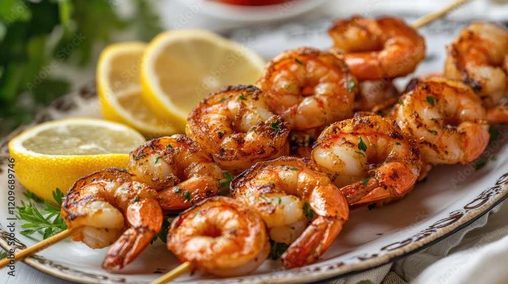 Poster Grilled shrimp skewers garnished with lemon slices on a decorative platter ready for serving or dining occasions