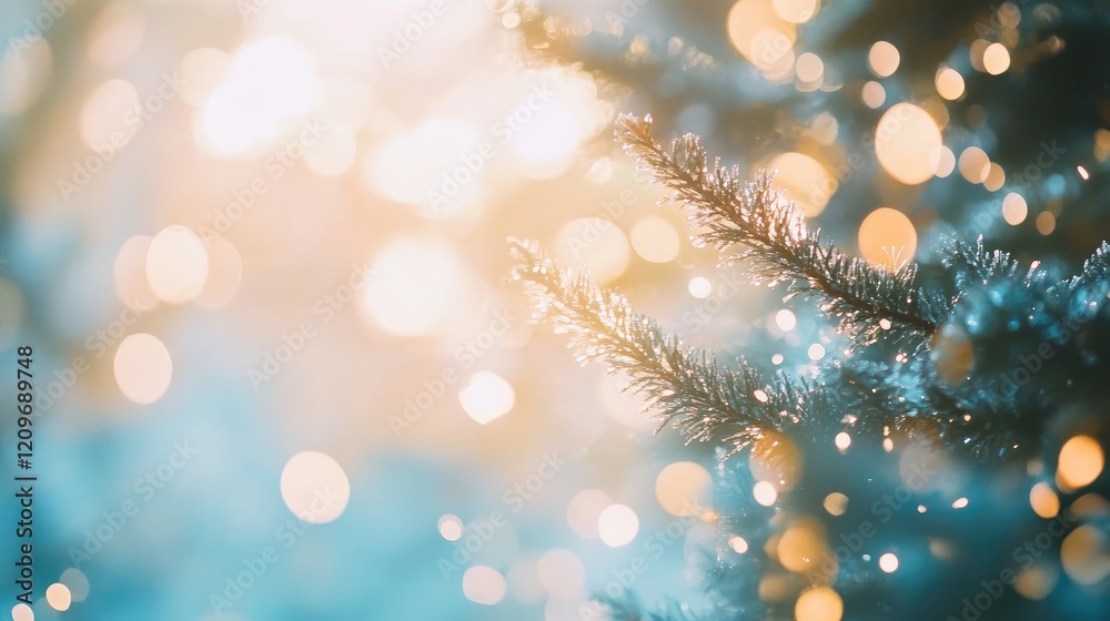 Poster beautiful bokeh lights on evergreen branches creating a warm holiday atmosphere