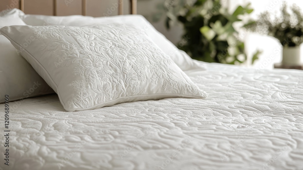 Poster elegant close-up of a soft white bed featuring a decorative pillow on quilted sheets surrounded by g