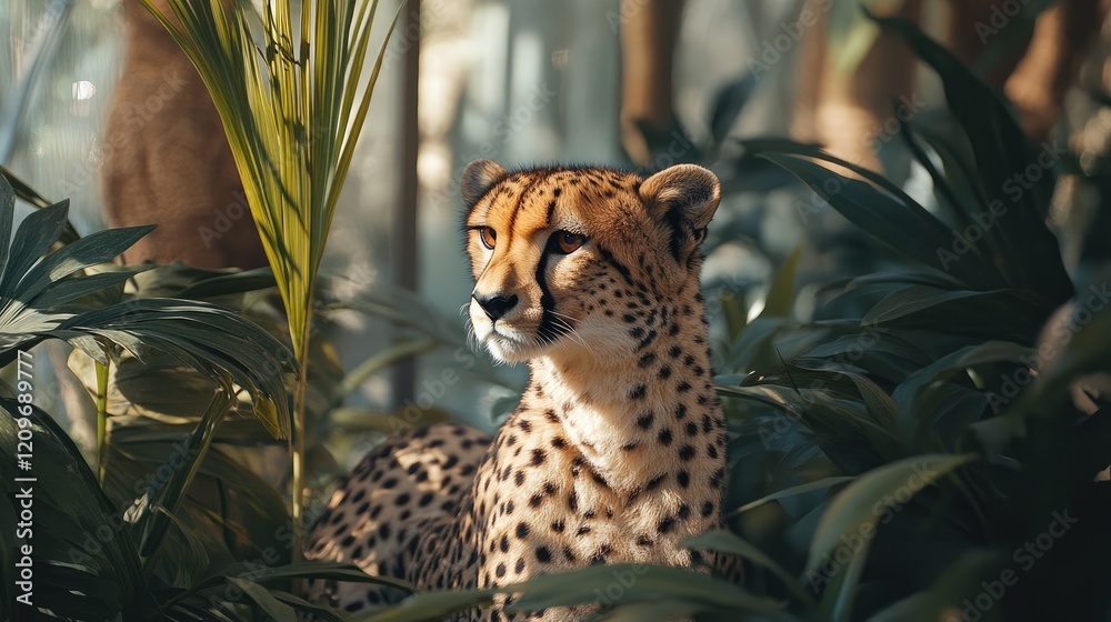 Poster wild cheetah resting among lush greenery showcasing its distinctive spots and serene expression in a