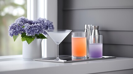 Stylish Cocktails and Hydrangeas on Windowsill