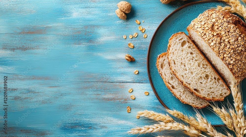 Poster Sliced soda bread with whole grains on blue plate surrounded by wheat and nuts on rustic wooden background with space for text