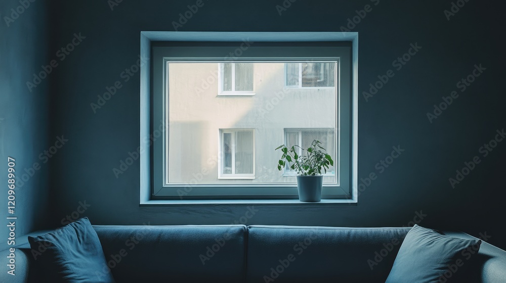 Poster lofty style interior featuring a sofa under a box window with natural lighting and a potted plant fo