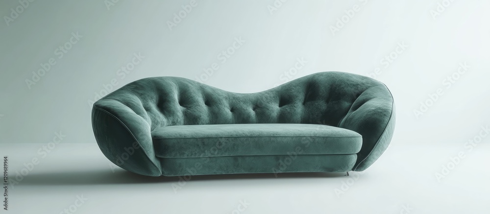 Poster modern tufted sofa in elegant teal color on white background ideal for interior design presentations