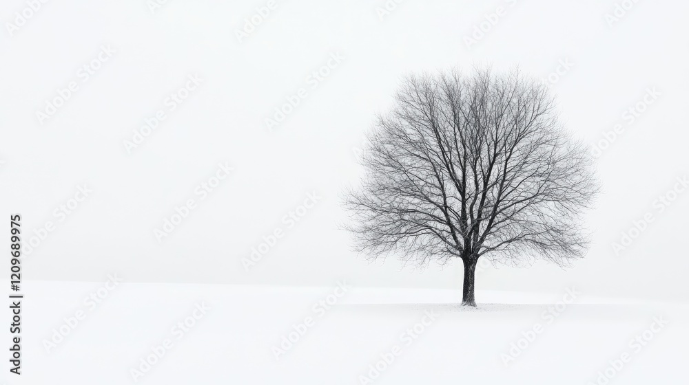 Poster solitary leafless tree in snowy landscape with white background ideal for minimalist and nature them