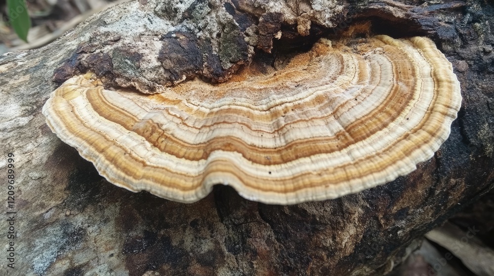 Poster mushroom fungus growing on weathered tree trunk in natural environment