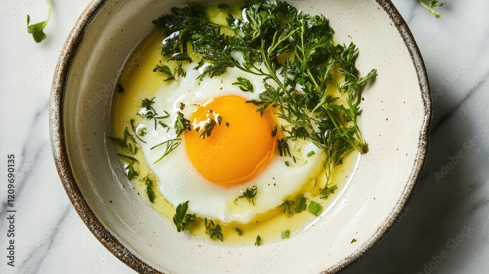 Aufkleber soft boiled egg with runny yolk garnished with fresh herbs on a rustic plate