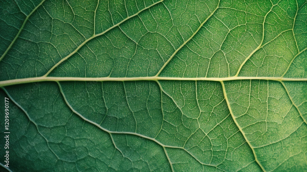 Poster detailed close-up of a vibrant green leaf showcasing intricate textures and a soft blurred backgroun