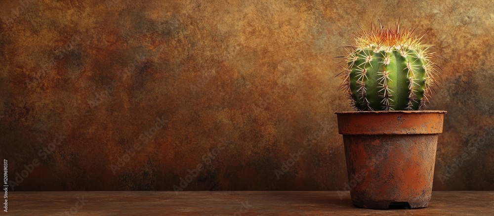 Poster Cactus in rustic brown pot on textured background with ample copy space for versatile design applications and creative projects