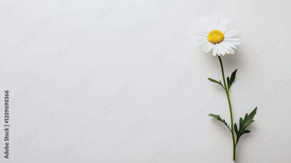 Aufkleber Single delicate white flower with yellow center on soft white background for minimalistic and elegant design concepts