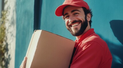 A cheerful delivery worker in a red uniform, holding a parcel and smiling brightly