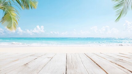 Fototapeta premium Tropical beach scene with wooden deck, ocean view, sunny sky, palm leaves, for summer travel promotions