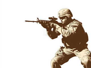 A clean vector of a soldier with a rifle in a defensive posture, symbolizing protection. Soldier defensive posture.


